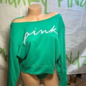 PINK by Victoria’s Secret off the the Shoulder Script Logo Sweatshirt